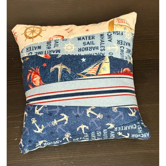 Nautical Decorative Pillow Anchor & Sailboat Pattern Handmade Cotton Blend 9"X9" - Picture 5 of 7
